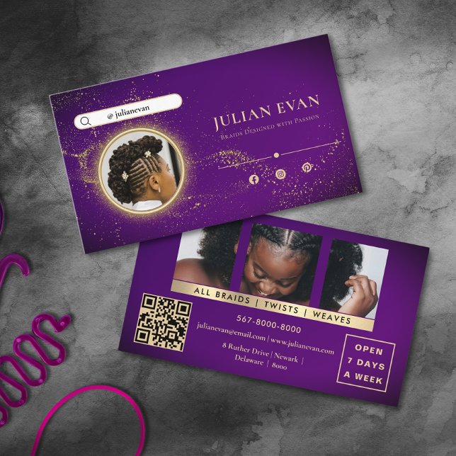 Chic Purple Glitter Gold African Braid Hairstylist Visitkort (Chic Purple Glitter Gold African Braid Hairstylist Business Card)