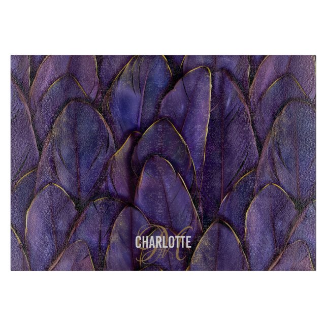 Chic purple gold feathers monogram name (Framsidan)