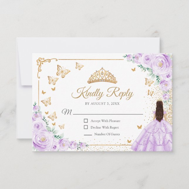 Chic Purple Lilac Roses Gold Quinceanera Reply OSA Kort (Framsida)