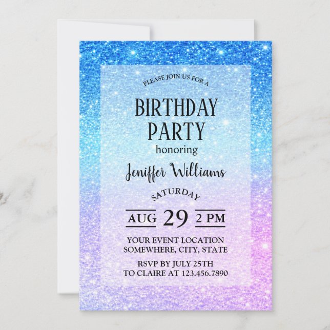 Chic Purple Ombre Blue Glitter Modern              Inbjudningar (Framsida)