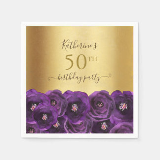 Chic Purple Rose Floral Gold 50th Birthday Party Pappersservett