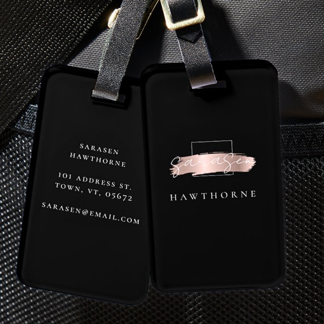 Chic Push Stroke Black Faux Ro Guld Monogram Bagagebricka (Skapare uppladdad)