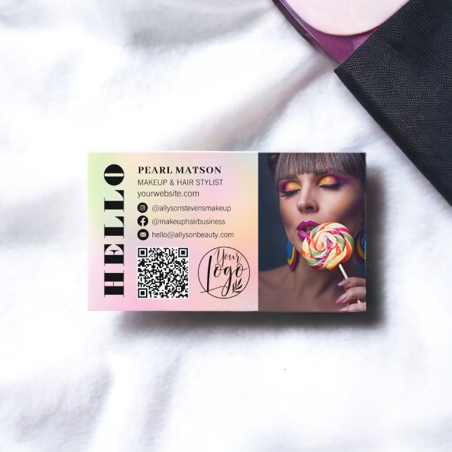 Chic Qr-foto logotyp social-media med fetstilt hej Visitkort (Bold hello ombre chic Qr photo logo social media Business Card)