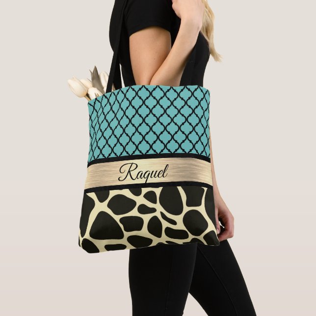 Chic Quatrefoil Giraffe Print Personlig Tygkasse (Närbild)