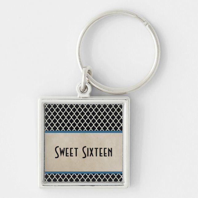 Chic Quatrefoil Sweet 16 Keychain, Blue Fyrkantig Silverfärgad Nyckelring (Framsidan)