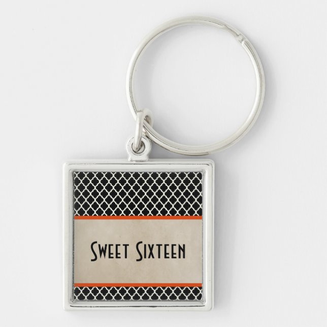Chic Quatrefoil Sweet 16 Keychain, Orange Fyrkantig Silverfärgad Nyckelring (Framsidan)