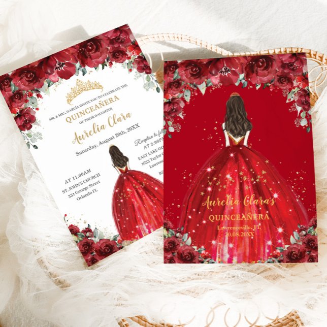 Chic Quinceañera 15:e Röda Blommigten Ro Princess Inbjudningar (Skapare uppladdad)