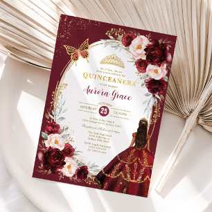 Chic Quinceañera Burgundy Blommigt Butterfly Inbjudningar