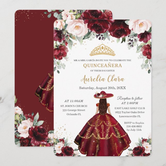 Chic Quinceañera Burgundy  Blommigt Charro Guld Inbjudningar (Fram/baksida)