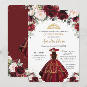 Chic Quinceañera Burgundy Blommigt Charro Guld Inbjudningar