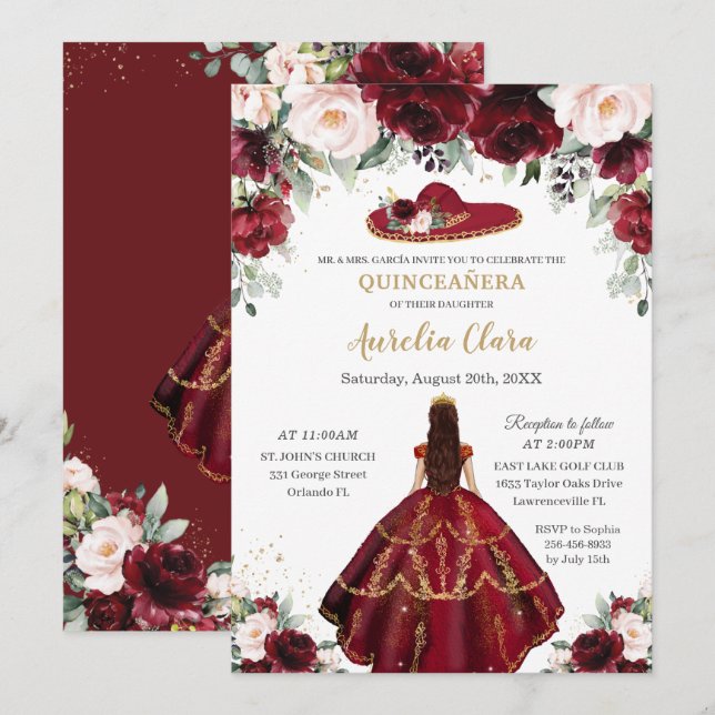 Chic Quinceañera Burgundy  Blommigt Charro Hat Inbjudningar (Fram/baksida)