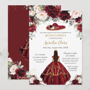 Chic Quinceañera Burgundy Blommigt Charro Hat Inbjudningar