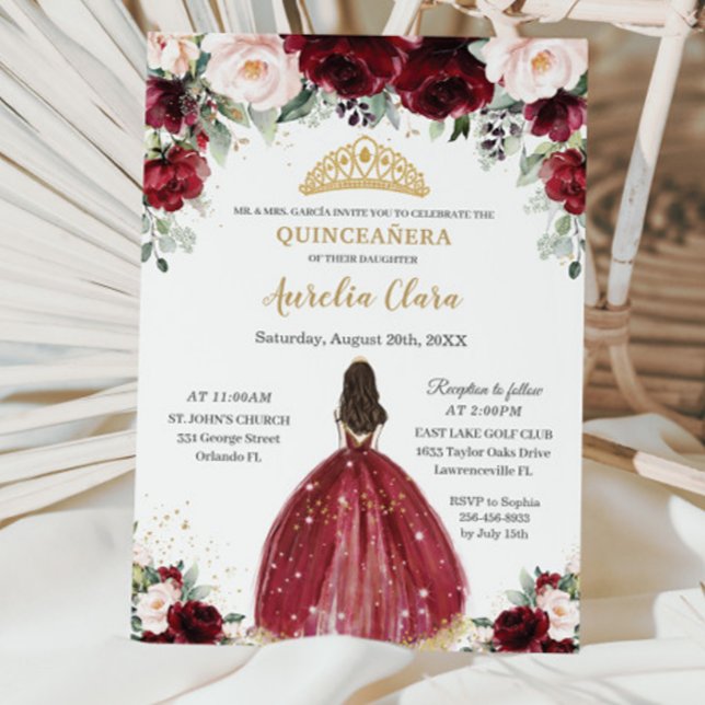 Chic Quinceañera Burgundy  Blommigt Princess Inbjudningar (Skapare uppladdad)