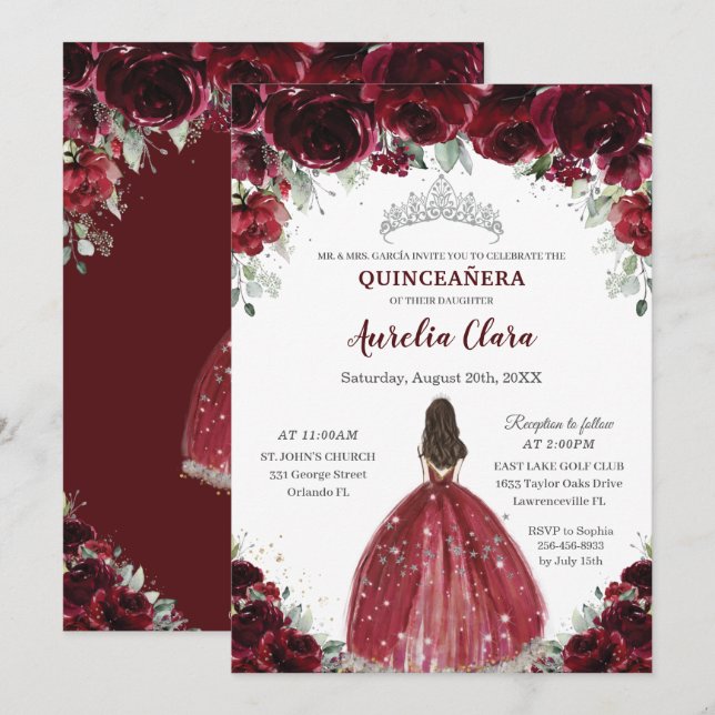 Chic Quinceañera Burgundy Blommigt Princess Silver Inbjudningar (Fram/baksida)