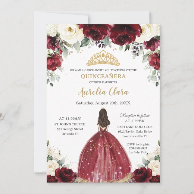 Chic Quinceañera Burgundy Ivory Blommigt Princess Inbjudningar (Framsida)