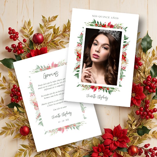 Chic Quinceañera Christmas Poinsettias Frame Photo Tack Kort (Spanish Classic Fancy Quinceañera Christmas Poinsettias Frame Photo Couple Thank You Cards.)
