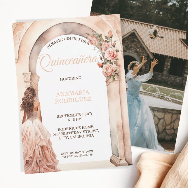 Chic Quinceañera  Dress Blommigt Arch Photo Inbjudningar (Skapare uppladdad)