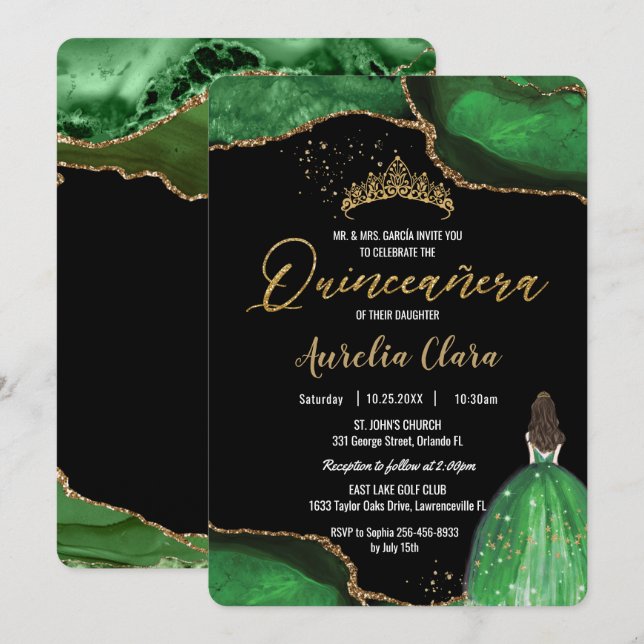 Chic Quinceañera Emerald Grönt Agate Princess Inbjudningar (Fram/baksida)