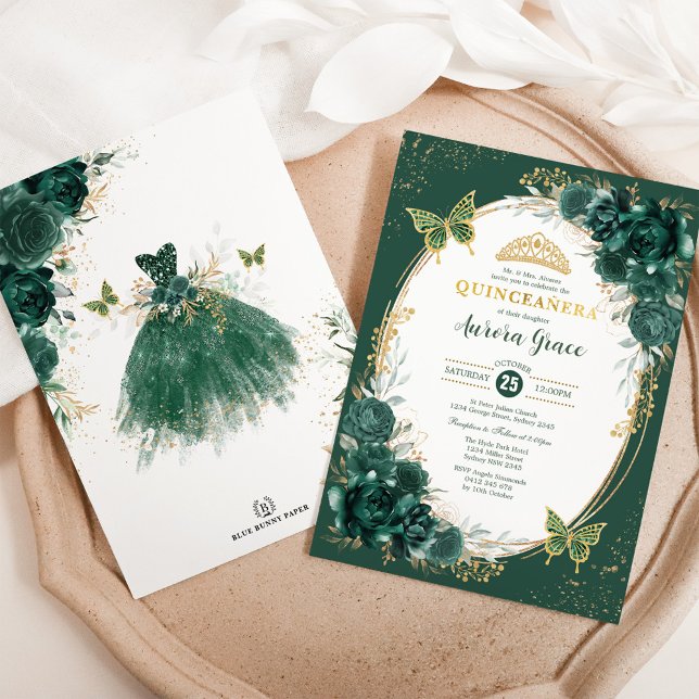 Chic Quinceañera Emerald Grönt Blommigt Butterfly Inbjudningar (Skapare uppladdad)