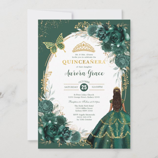 Chic Quinceañera Emerald Grönt Blommigt Butterfly  Inbjudningar (Framsida)