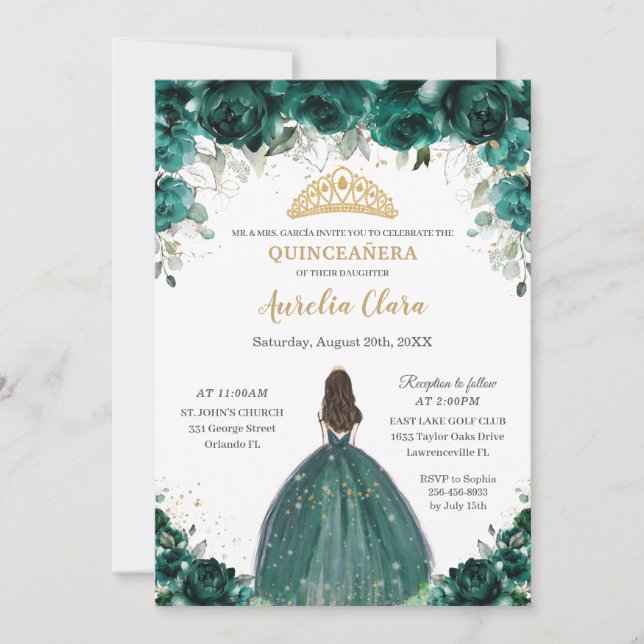 Chic Quinceañera Emerald Grönt Blommigt Princess Inbjudningar (Framsida)