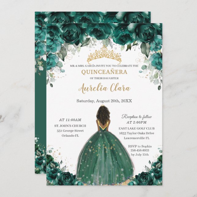 Chic Quinceañera Emerald Grönt Blommigt Princess Inbjudningar (Fram/baksida)