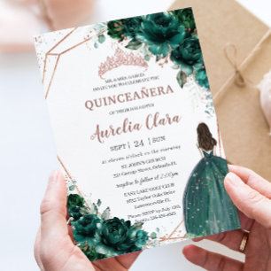 Chic Quinceañera Emerald Grönt Blommigt Ro Guld Inbjudningar