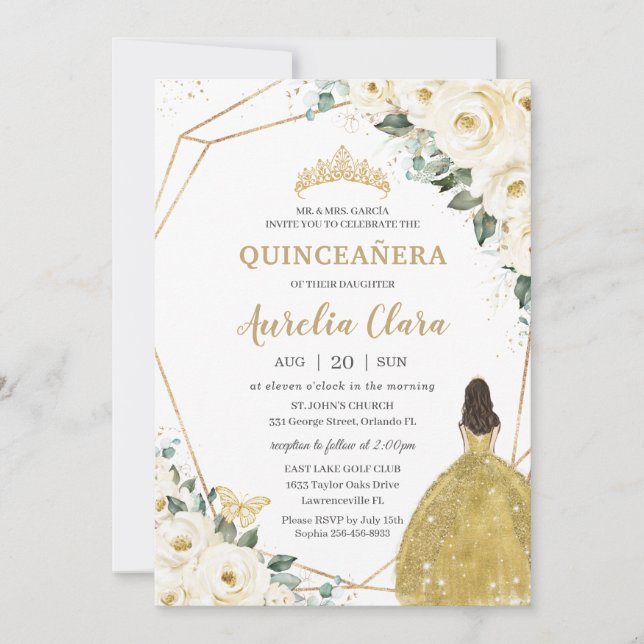 Chic Quinceañera Ivory White Blommigt Princess Gul Inbjudningar (Framsida)