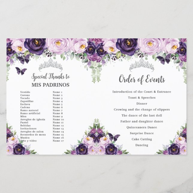 Chic Quinceañera Lila Blommigt Butterflies Program (Baksida)