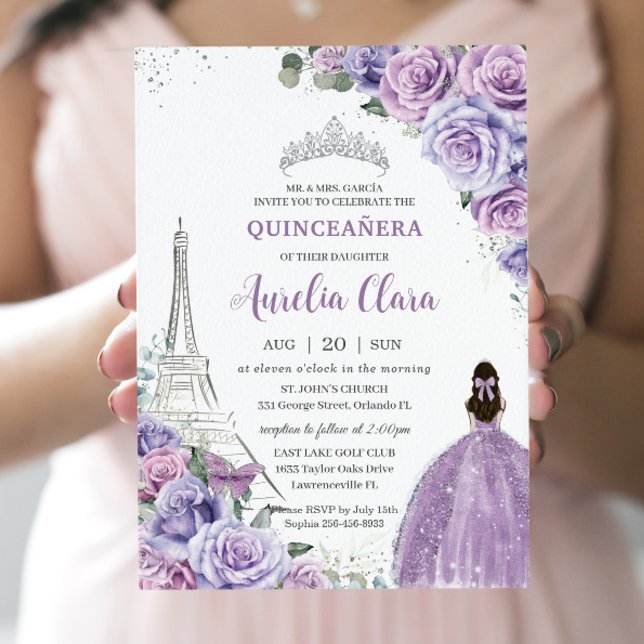 Chic Quinceañera Lila Blommigt Paris Eiffel Silver Inbjudningar (Skapare uppladdad)