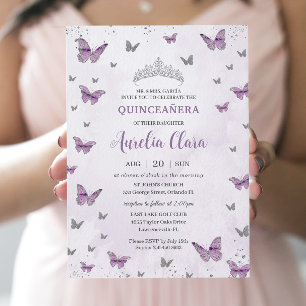 Chic Quinceañera Lila Fjärilar Silver Inbjudningar