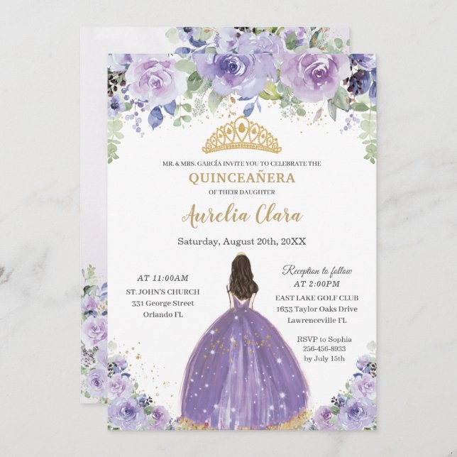 Chic Quinceañera Lila Lilac Blommigt Princess Inbjudningar (Fram/baksida)