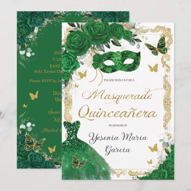Chic Quinceañera Masquupperad Emerald Grönt Blommi Inbjudningar (Fram/baksida)
