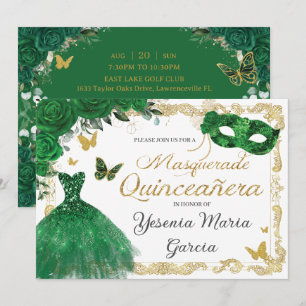 Chic Quinceañera Masquupperad Emerald Grönt Blommi Inbjudningar