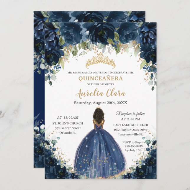 Chic Quinceañera Navy Blue Blommigt Brown Princess Inbjudningar (Fram/baksida)