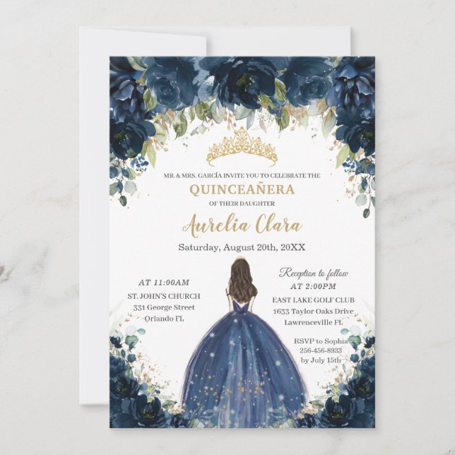 Chic Quinceañera Navy Blue Blommigt Princess Krona Inbjudningar (Framsida)