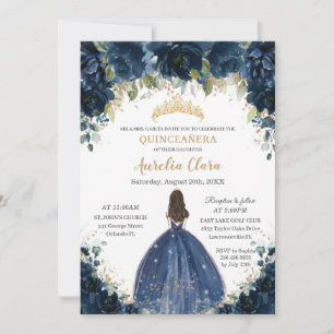 Chic Quinceañera Navy Blue Blommigt Princess Krona Inbjudningar