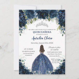 Chic Quinceañera Navy Blue Blommigt Princess Silve Inbjudningar