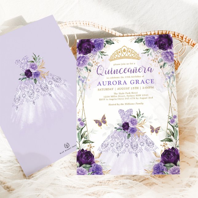 Chic Quinceañera Princess Dress Lila Blommigt Inbjudningar (Skapare uppladdad)