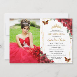 Chic Quinceañera Red Blommigt Guld Butterflies Pho Inbjudningar