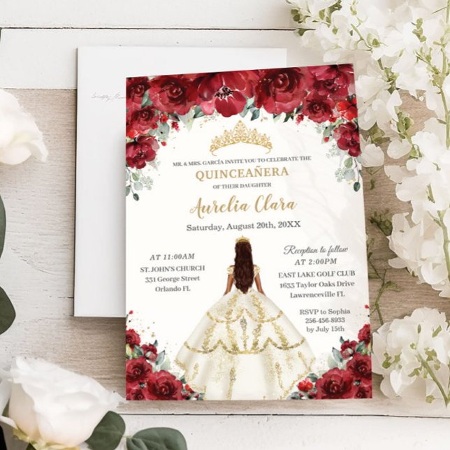 Chic Quinceañera Red Blommigt Princess White Dress Inbjudningar (Skapare uppladdad)