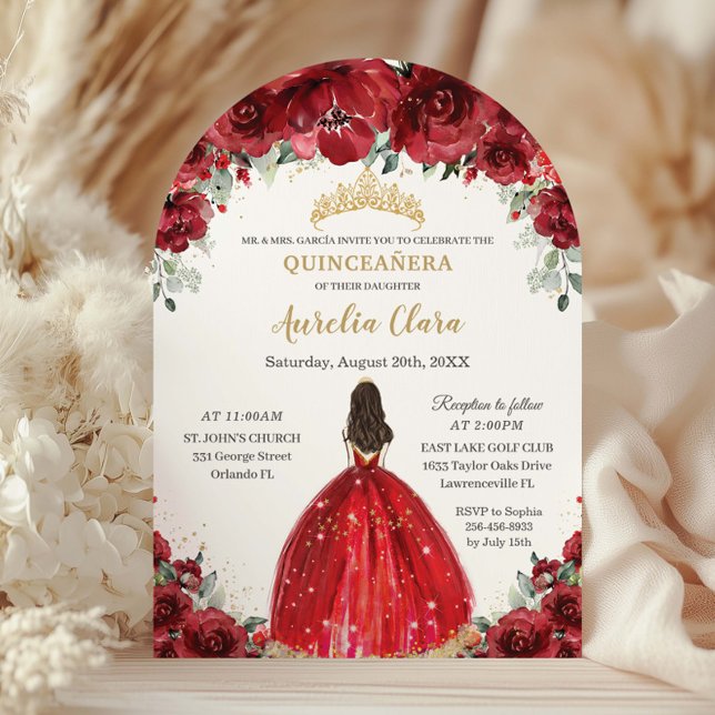 Chic Quinceañera Red Blommigt Ro Princess Arch Inbjudningar (Skapare uppladdad)