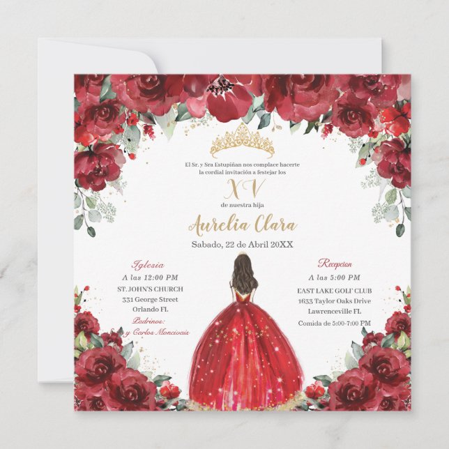 Chic Quinceañera Red Blommigt Ro Princess Guld Inbjudningar (Framsida)