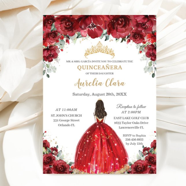 Chic Quinceañera Red Blommigt Ro Princess Tiara Inbjudningar (Skapare uppladdad)