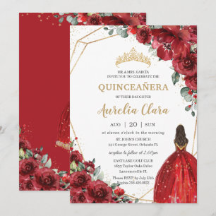 Chic Quinceañera Red Flowers Blommigt Brown Prince Inbjudningar