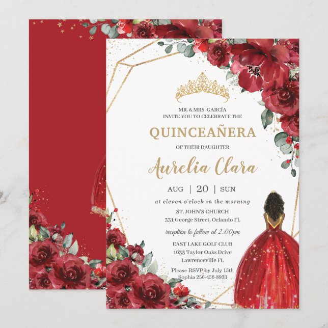 Chic Quinceañera Red Flowers Blommigt Brown Prince Inbjudningar (Fram/baksida)