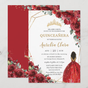 Chic Quinceañera Red Flowers Blommigt Brown Prince Inbjudningar