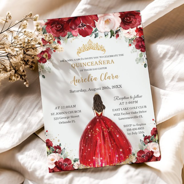 Chic Quinceañera Red Rosa Blommigt Princess Dress Inbjudningar (Skapare uppladdad)
