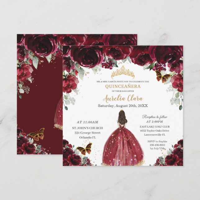Chic Quinceañera Rik Burgundy Red Blommigt Princes Inbjudningar (Fram/baksida)