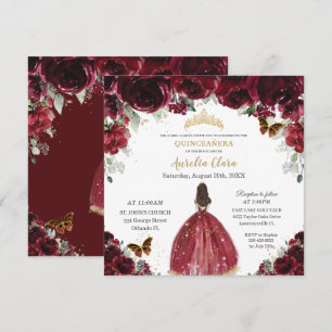 Chic Quinceañera Rik Burgundy Red Blommigt Princes Inbjudningar